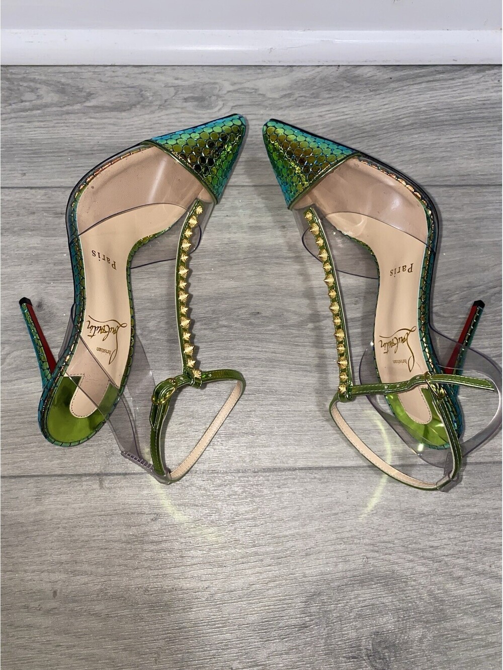 Christian Louboutin Nosy Spikes Holographic Animal Print heels T -Strap EU35.5 - Picture 7 of 9